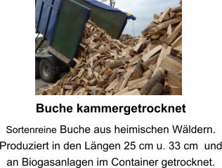 Buche kammergetrocknet Sortenreine Buche aus heimischen Wäldern. Produziert in den Längen 25 cm u. 33 cm  und an Biogasanlagen im Container getrocknet.